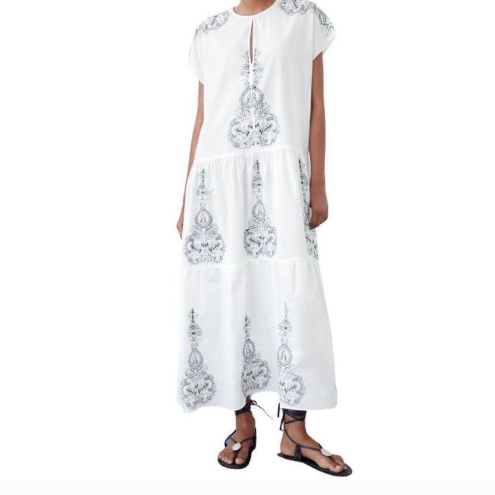 ZARA White Dress with Black Embroidery